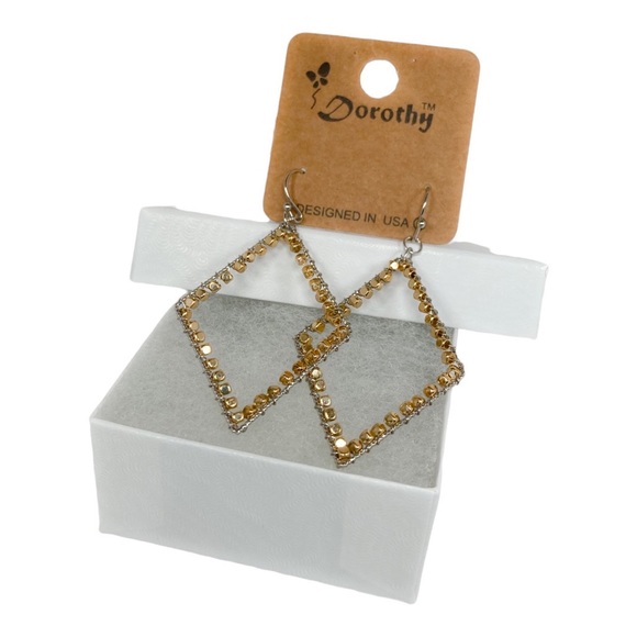 Silver Dangle Diamond Shape Earrings with Gold Beads - Picture 2 of 2